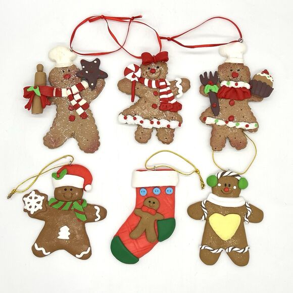 Gingerbread Man Girl Christmas Ornament Lot 6 Clay Dough Flat Kurt Adler Decor - Picture 1 of 13